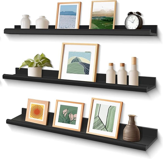 Annecy Floating Shelves Wall Mounted Set of 3, 36 Inch Black Rustic Wood Shelves for Wall, Wall Storage Shelves with Guardrail Design for Bedroom, Bathroom, Kitchen, Office, 3 Different Sizes