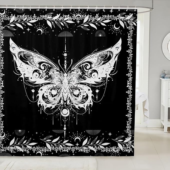 Feelyou Boho Butterfly Fabric Shower Curtain Bohemian Moth Shower Curtain for Kids Boys Girls Moon Galaxy Bathroom Waterproof Accessories with 12 Hooks Black and White Curtains,72X78 Inches