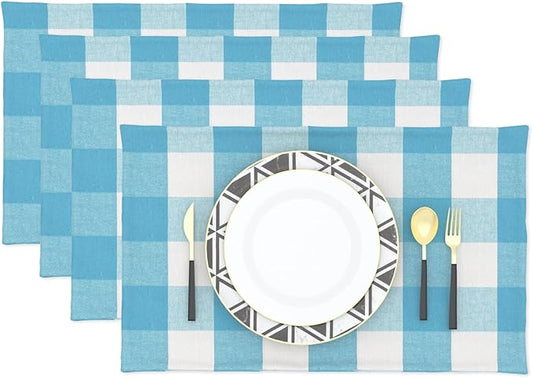 Sky Blue & White 2 Side Cotton Buffalo Check Placemats Set of 4 Heat Resistant Dining Table Place Mats for Kitchen Table, 12 x 18 inches