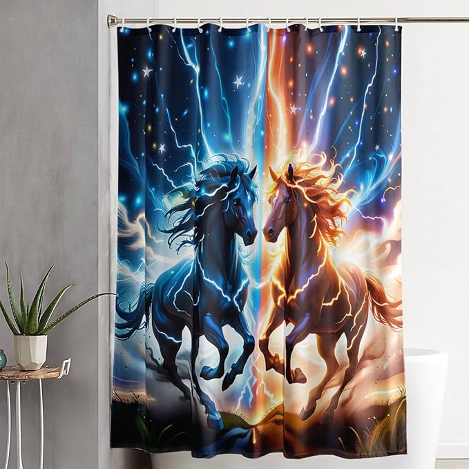 AILONEN 3D Horse Shower Curtain,Bohemian Lightning Galloping Horses Waterproof Fabric Shower Curtains for Bathroom,Animals Theme Bath Curtain Set with Hooks, 72" W*72" H
