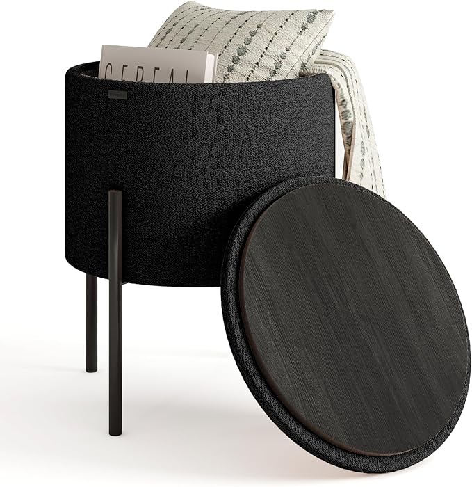 StorageBud Round Ottoman with Storage, Boucle Storage Ottoman, Foot Stool Ottoman, Makeup Vanity Stool, Small Ottoman Foot Rest, Modern Ottomans for Living Room and Bedroom, Black