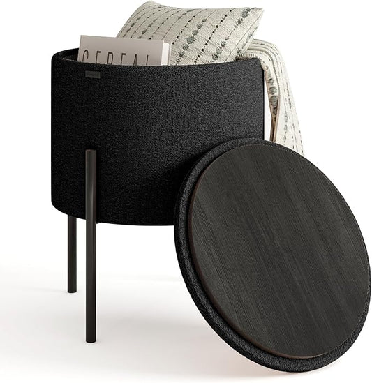StorageBud Round Ottoman with Storage, Boucle Storage Ottoman, Foot Stool Ottoman, Makeup Vanity Stool, Small Ottoman Foot Rest, Modern Ottomans for Living Room and Bedroom, Black