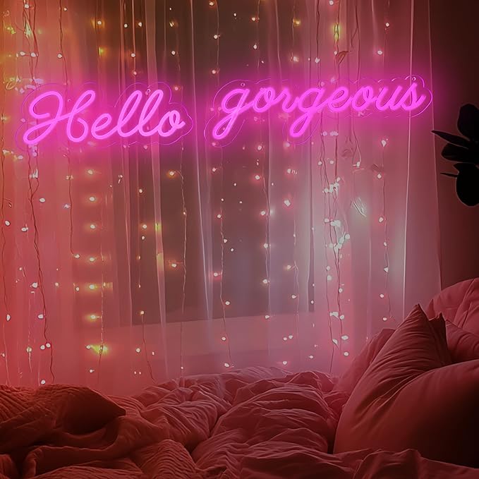 32x5 Inch Hello Gorgeous Neon Sign Pink LED Neon Light Beautiful Wall Art Gift for Girls Party Wall Decor Wedding Birthday Backdrop Bacelorette Party Wth Dimmable Switch