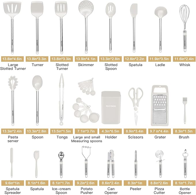 Kitchen Utensil Set-Silicone Cooking Utensils-33 Kitchen Gadgets & Spoons for Nonstick Cookware-Silicone and Stainless Steel Spatula Set-Best Kitchen Tools, Useful Pots (Cream White)
