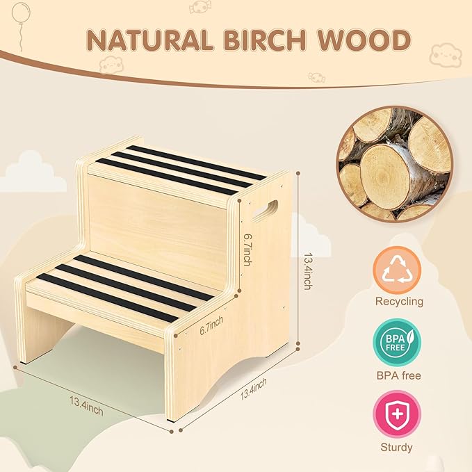 Natural Wooden Step Stool for Kids Toddler Non-Slip Sturdy Two Step Stools with Handles Non-Slip Pads for Child Kids Toddler Kitchen Counter Helper Bathroom Toilet Bed Potty Sink