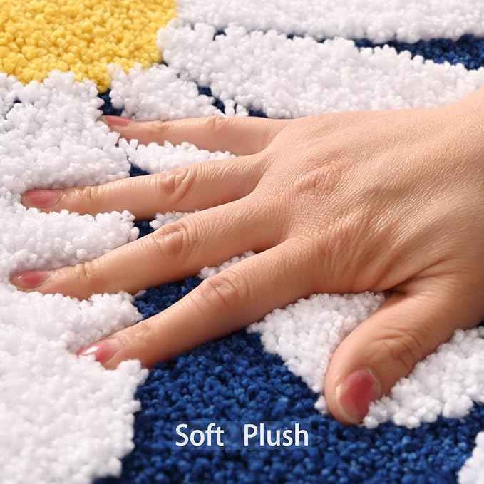 QJHOMO Navy Blue Bathroom Rugs Cute Daisy Bath Mat White and Yellow Flower Decor Rug Non Slip Floor Carpet Microfiber Bathmat Super Absorbent Machine Washable Bathtub Mats for Shower (20x32 inch)