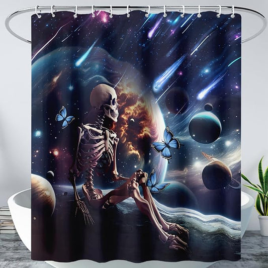 AILONEN Skull Shower Curtain for Kids,Solar System Skeleton Bath Curtain for Bathroom Decor,Galaxy Skull Polyester Waterproof with 12 Plastic Hooks for Boys Girls 72" W*84" H