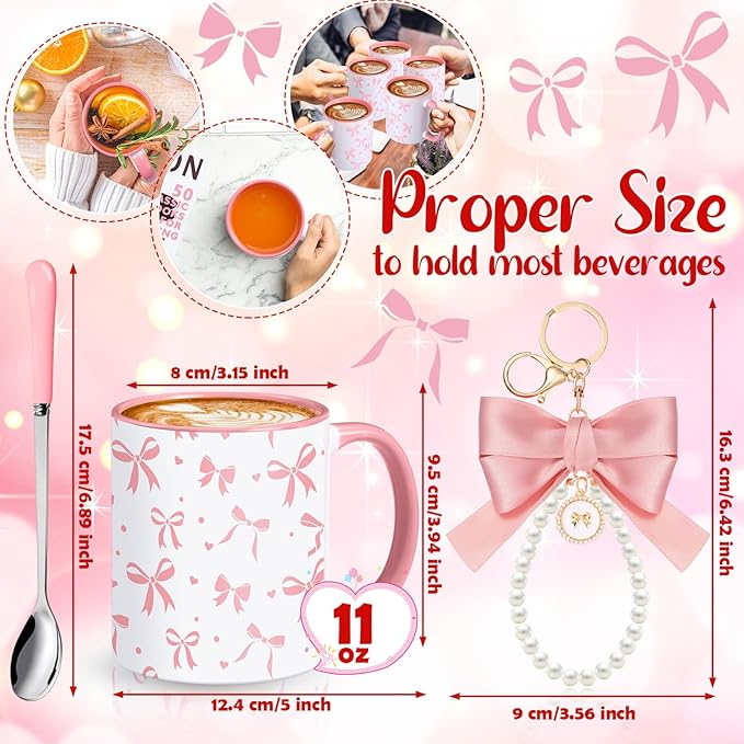 Sliner Pink Coquette Bow Coffee Mug Wedding Bridal Shower Gift Set Engagement Gift Ideas 11oz Aesthetic Ceramic Cup with Bow Keychain and Spoon Preppy Mug for Women Bride Christmas Birthday