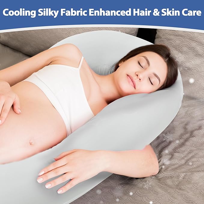 Cooling Pregnancy Pillow Cover (ONLY Pillowcase), Q-Max 0.4 C Shaped Luxurious Smooth Maternity Pillow Cover with Hidden Zip, Cool Large Pillow Protector for Side Hot Sleeper, Grey, 60x34 in