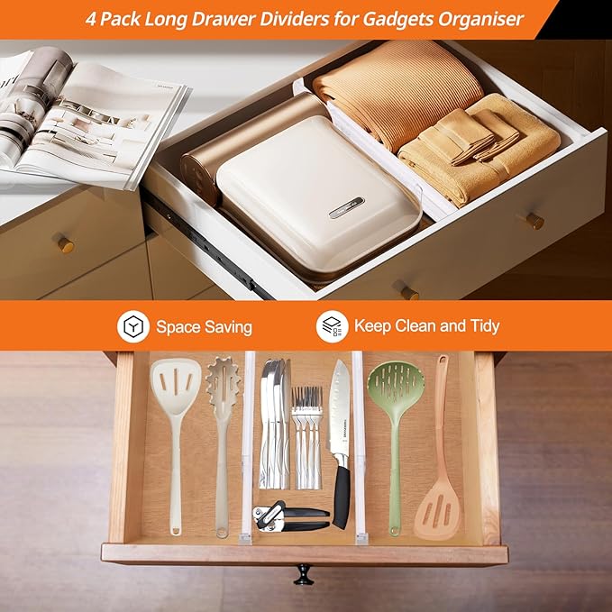 4 Pack Drawer Dividers for Clothes, 2.3" High 13"-21" Adjustable Drawer Dividers Expandable Dresser Drawer Organizer, Clear Drawer Separators for Clothes, Underwear, Cosmetic, Kitchen Utensils Storage