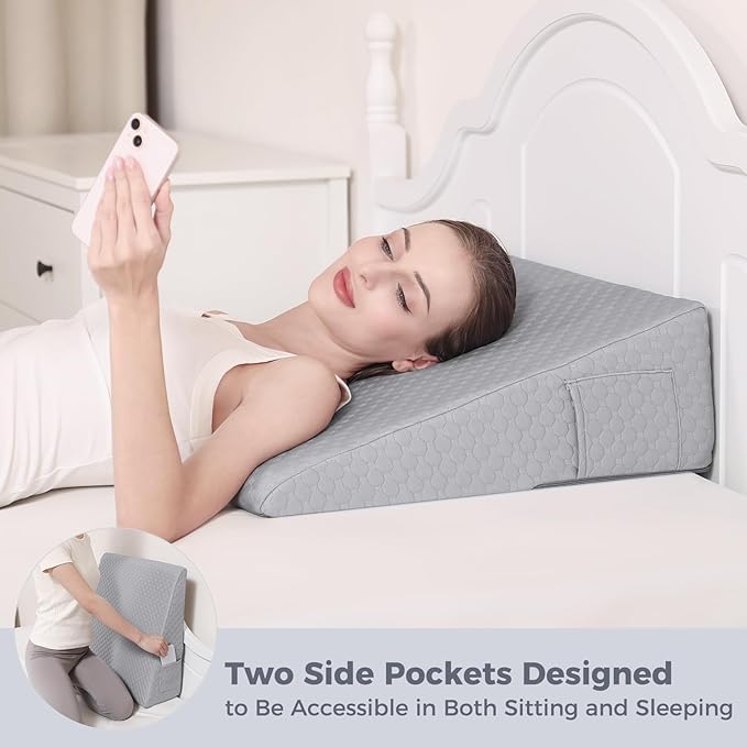 Bed Wedge Pillow for Sleeping 7.5" Memory Foam Wedge Pillow for After Surgery Triangle Pillow Wedge for Acid Reflux Snoring Heartburn GERD Back Support Leg Elevation, Removable Washable Cover - Gray