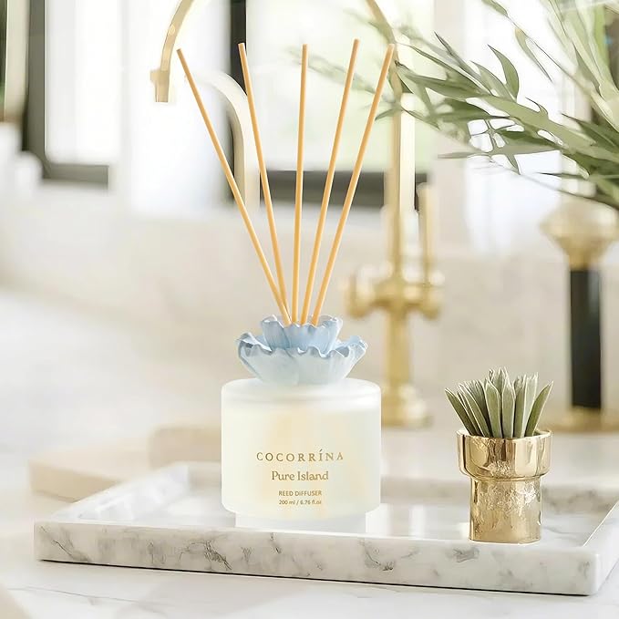 Cocorrina Gypsum Flower Reed Diffuser Set for Bathroom Décor – Pure Island Scent, 6.76 oz with Sticks & Oil – Home Fragrance for Bathroom & Living Space