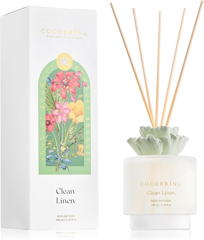 Cocorrina Gypsum Flower Reed Diffuser Set for Bathroom Décor – Clean Linen Scent, 6.76 oz with Sticks & Oil – Home Fragrance for Bathroom & Living Space