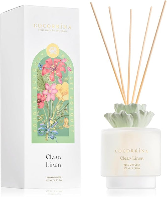 Cocorrina Gypsum Flower Reed Diffuser Set for Bathroom Décor – Clean Linen Scent, 6.76 oz with Sticks & Oil – Home Fragrance for Bathroom & Living Space