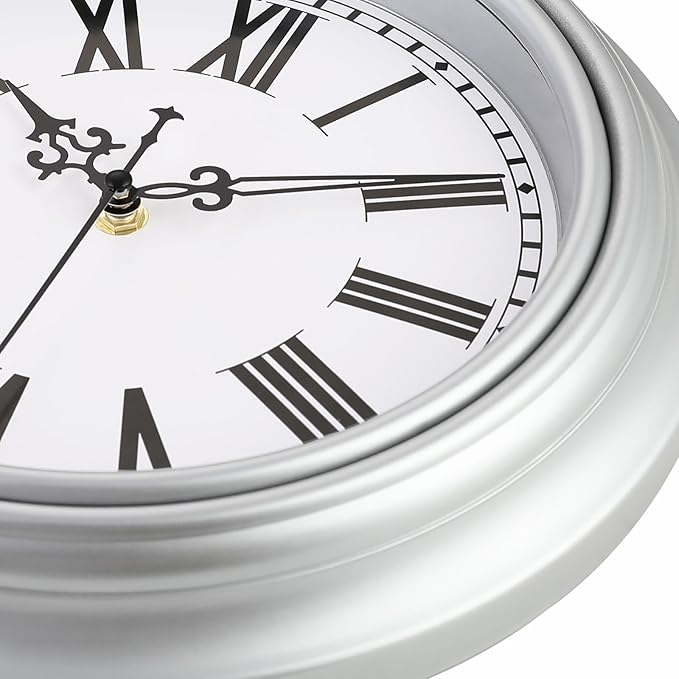 Plumeet Retro Wall Clock, 12'' Non Ticking Classic Silent Vintage Wall Clocks Decorative Kitchen Living Room Bedroom, Roman Numerals, Battery Operated, Silver