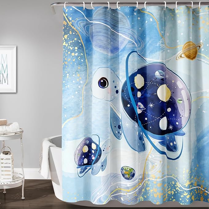 AILONEN Sea Turtle Shower Curtain,Blue Space Planet Turtle Bath Curtain,Watercolor Ocean Turtle Shower Curtain Waterproof for Bathroom Decor with 12 Plastic Hooks, 72" W*96" H