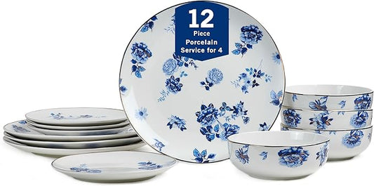 Stone Lain Viola 12-Piece Dinnerware Set Porcelain, Plates and Bowls Set, Dish Set for 4, Microwave and dishwasher Safe, Blue