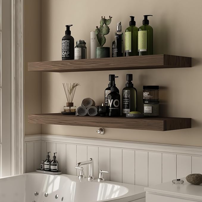 Floating Shelves for Wall - 36 x 9 Inch Wood Shelves for Bathroom, Bedroom, Kitchen Decor, Farmhouse Decor Set of 2, Rustic Brown