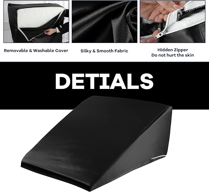 HOMBYS Satin Bed Wedge Pillow Cover Silky & Smooth Wedge Pillowcase 1 Pack 24x24x8, Soft & Breathable, Removable & Machine Washable-Zipper Design (Pillow Not Include), Black