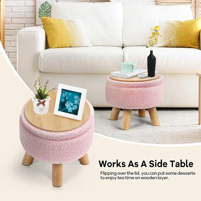 Ottoman Foot Rest, Small Round Ottoman with Storage, Boucle Teddy Velvet Footstool with Wood Legs, Soft Sponge Storage Ottoman for Living Room, Bedroom, Couch, Enterway (Pink)
