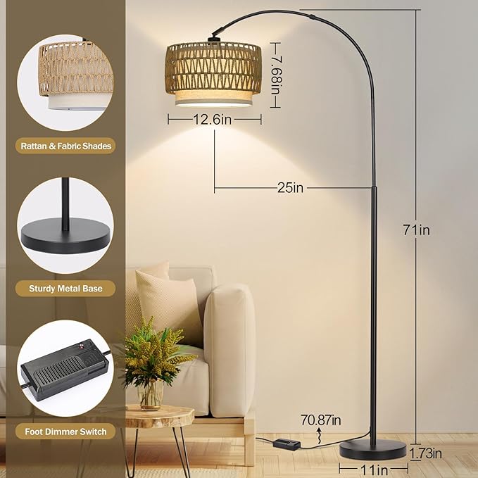 Rattan Floor Lamp, Dimmable Arc Floor Lamps for Living Room, Boho Farmhouse Standing Lamp with Adjustable Head, Tall Pole Lamp Reading Light for Bedroom, Over Couch, Office, 9W LED Bulb Included
