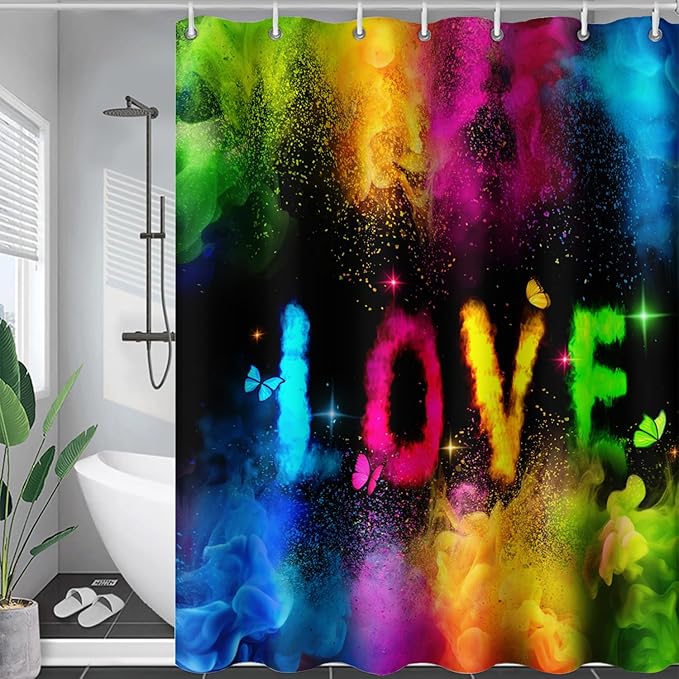 AILONEN Girls Shower Curtain for Bathroom, Rainbow Smoky Love Printed Bathroom Curtain Decor,Women Colorful Bath Curtain Polyester Waterproof Bathroom Curtain with 12 Hooks(48" W*72" H)