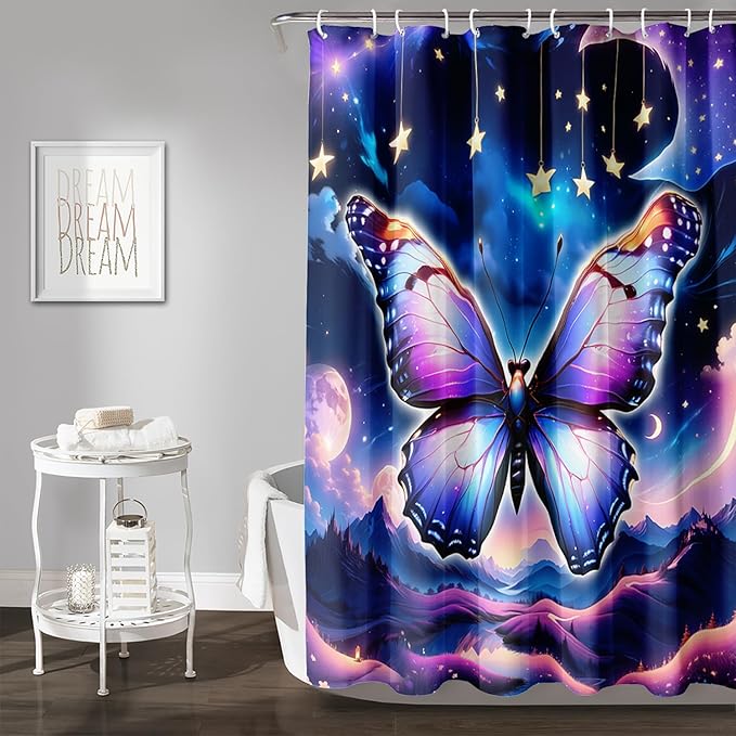 AILONEN Butterfly Shower Curtain for Girls, Fairy Purple Clouds Print Starry Butterfly Bath Curtain,Fantasy Moon Butterfly Decoration Bathroom Waterproof Curtain with 12 Plastic Hooks, 72" W*84" H