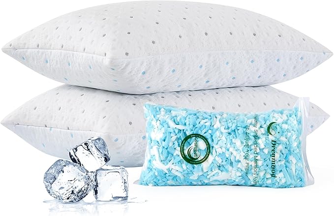 Cooling Pillows Queen Size Set of 2 with Extra Stuffing Adjustable 100% Shredded Memory Foam Pillows Firmer & Soft with Washable Cover Bed Pillows for Side Back Stomach Sleeper Hypoallergenic
