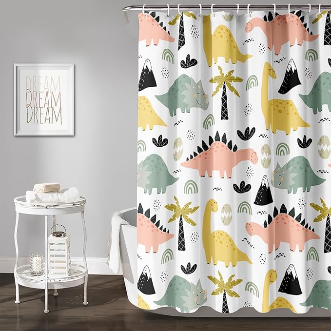 AILONEN Dinosaur Shower Curtain for Kids Boys Girls, Cute Kawaii Dinosaur Bathroom Curtain,Tropic Tree Leaves Printed Bath Curtain 72" W*84" H Polyester Waterproof Bathroom Curtain with 12 Hooks