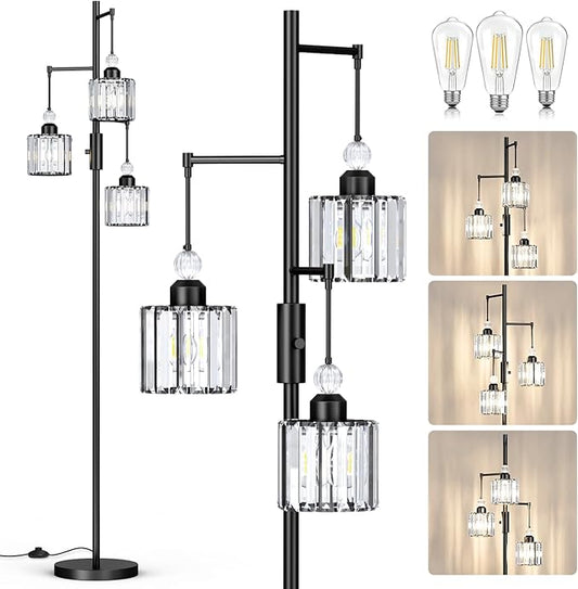 70" Black Tree Floor Lamp with 3 Crystal Cage Lampshades & Dimmable Bulbs - Vintage Glam Standing Lamp for Living Room Bedroom, Industrial Modern Decor with Crystal Ball Accents