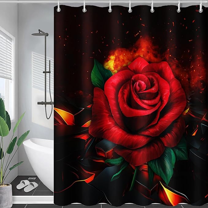 AILONEN Red Rose Shower Curtain for Bathroom, 3D Print Romantic Flower Bath Curtain,Modern Botanical Flame Fire Rose Flower Waterproof Shower Curtain Decoration with 12 Plastic Hooks, 72" W*96" H