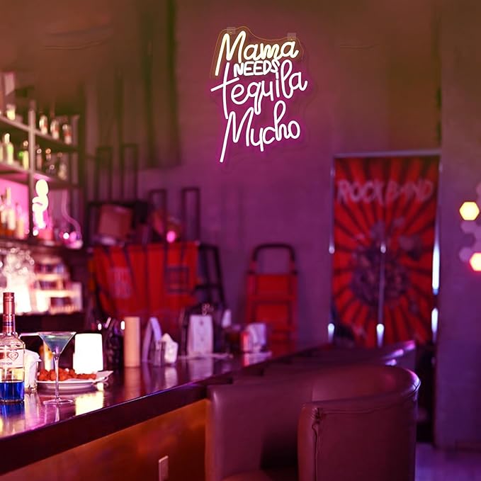 Mama Needs Tequila Mucho Neon Sign for Wall Decor Dimmable Led Lights Signs Letters LED Neon Signs for Pub Yellow Neon Light Pink Room Decor for Club Bistro Home Bar Party Decoration Gift