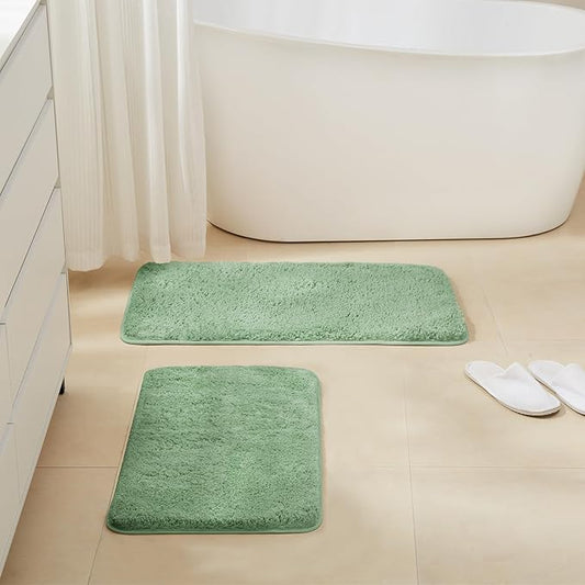 TECHMILLY Non-Slip Bathroom Rugs Sets 2 Piece, Fluffy Soft Luxury Microfiber Shower Mat, Absorbent, Washable & Quick Dry for Bath Floor, Green