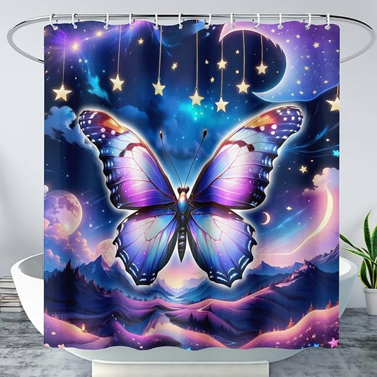 AILONEN Butterfly Shower Curtain for Girls, Fairy Purple Clouds Print Starry Butterfly Bath Curtain,Fantasy Moon Butterfly Decoration Bathroom Waterproof Curtain with 12 Plastic Hooks, 60" W*72" H