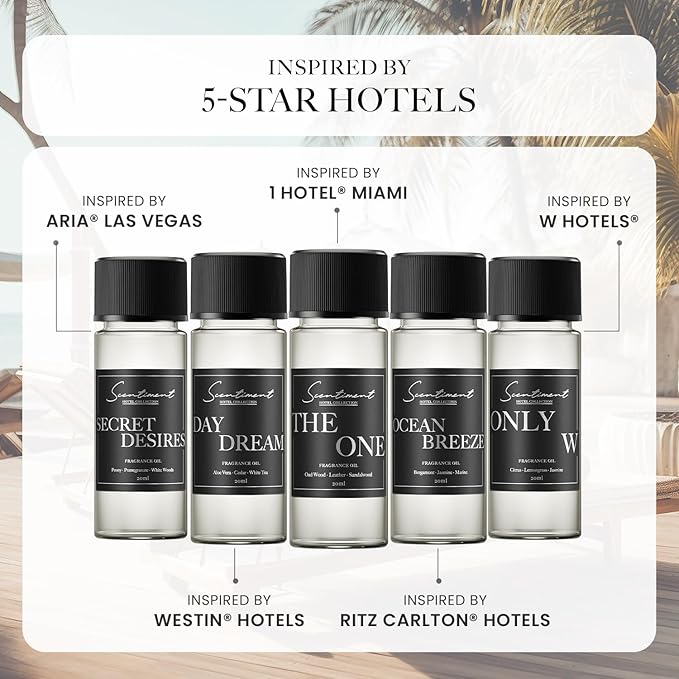 Hotel Diffuser Oil | Aromatherapy Fragrances Inspired by 5-Star Hotels | Luxurious Scents with Notes of Cardamom, Tuscan Leather, and Sandalwood (20ml, Top 5 Scents)