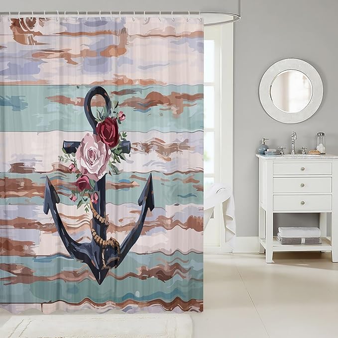 Feelyou Anchor Shower Curtain Rose Anchor Fabric Shower Curtain for Kids Boys Girls Wooden Rustic Bathroom Waterproof Accessories with 12 Hooks Sea Adventure Curtains,72x84 Inches