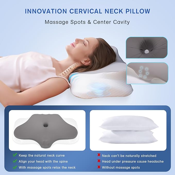 Cervical Neck Pillow for Sleeping, Height Adjustable Ergonomic Pillow Cozy Sleeping, Medium-Firm Memory Foam Pillows, Contour Bed Pillow for Side Back Stomach Sleepers, Light Grey (Queen Size)