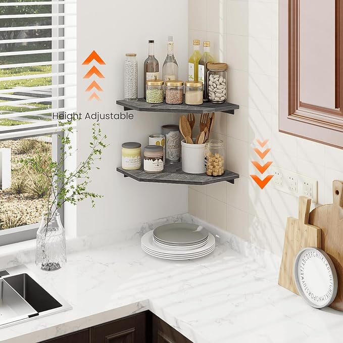 Homode Corner Shelf Wall Mount, Set of 2 Corner Floating Shelves with Cord Hole for TV, Cable Box, Wood Hanging Storage Shelf Organizer for Bathroom Kitchen Living Room Bedroom, Rustic Grey