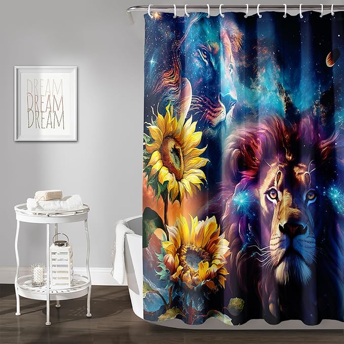 AILONEN Lion Shower Curtain for Kids Boys Teens,Galaxy Sunflower Lion Bath Curtain for Bathroom Decor,Modern Romantic Polyester Waterproof with 12 Plastic Hooks 60" W*72" H