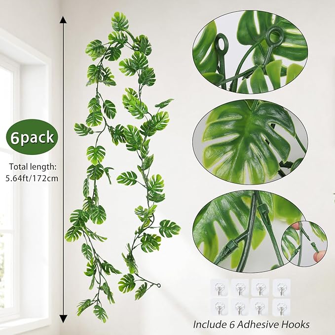 6Pcs Artificial Monstera Leaf Vines, 5.9FT Faux Tropical Monstera Garland Fake Hanging Plant Ivy Palm Leaves Greenery Vine for Garden Porch Patio Jungle Luau Party Beach Birthday Indoor Outdoor Décor