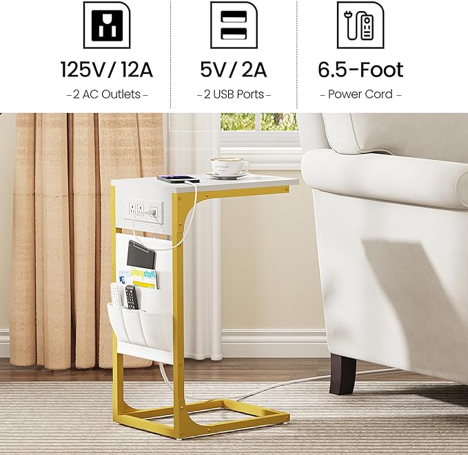 TUTOTAK C Shaped End Table with Charging Station, Side Table for Sofa, Couch Table with Storage Bag, Set of 2, TV Tray Table with 2 USB Ports and Outlets for Living Room, Bedroom, TB01BWG0242
