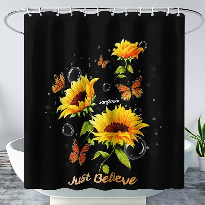 AILONEN Sunflower Shower Curtain for Bathroom,Butterfly Sunflower Bath Curtain Waterproof,Garden Yellow Flower Decor Bathroom Black Curtain with 12 Plastic Hooks, 72" W x 84" H