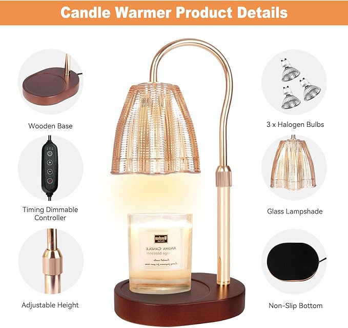 Candle Warmer Lamp with Timer & Dimmer, Candle Warmer Height Adjustable, Fits All Jar Scented Candles, Candle Lamp with 3 Bulbs, Charming Gift Box with Ribbon for Gifting