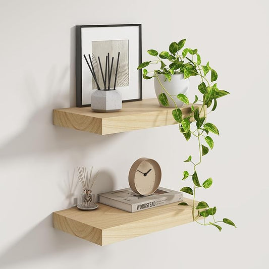 Fun Memories Deep Floating Shelves 16 Inch Long, Natural Wood Floating Shelf for Wall, Set of 2, Rustic 9 Inch Deep Wall Shelves, Deep Bathroom Shelves for Storage & Display, Natural Color