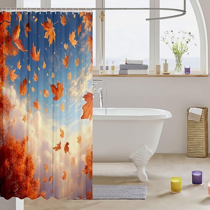 Feelyou Maple Leaf Shower Curtain Autumn Fabric Shower Curtain for Kids Nutrue Theme Bathroom Waterproof Accessories with 12 Hooks Women Men Sky Cloud Curtains,72x72 Inches