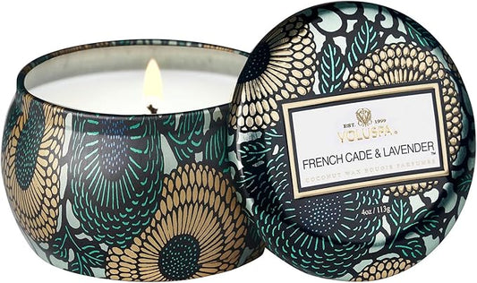 Voluspa French Cade Lavender, Mini Tin Candle, 4 oz, 25 Hour Burn Time, Coconut Wax for Clean Burning, Handcrafted in The USA