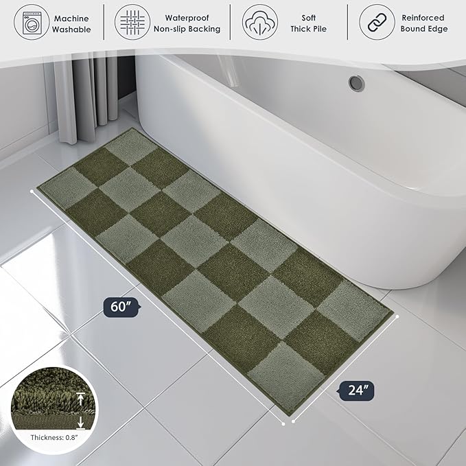 PURRUGS Bathroom Rug Non-Slip Machine Washable 24" x 60", Super Absorbent and Quick-Dry Bath Mat, Extra Soft and Plush Bath Rug for Shower, Bathtub and Sink, Sage Green & Olive Green