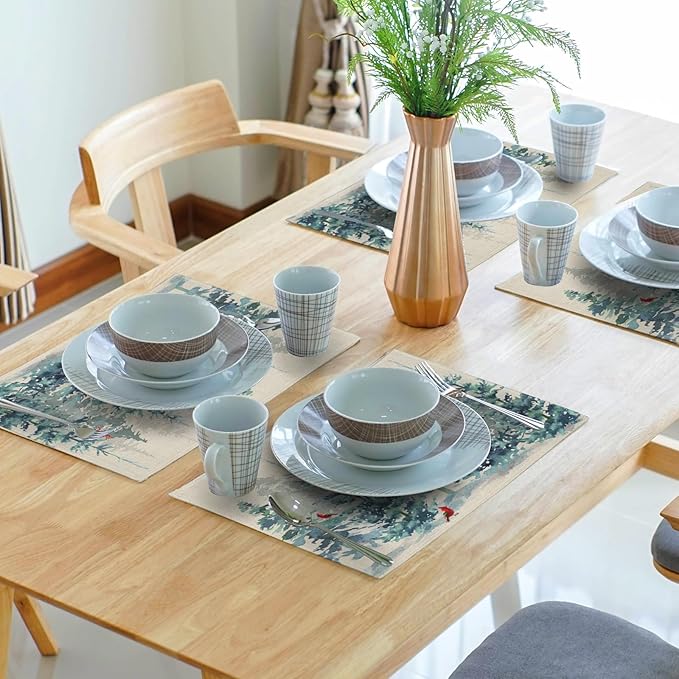 Winter Forest Tree Placemats Set of 4，Pine Tree Christmas Red Bird Heat Resistant Non Slip Place Mats Cotton Linen Tablemats for Dining Table Kitchen Decor 18 x 12 Inch