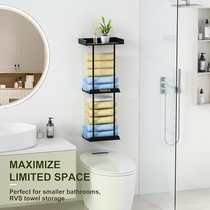 MinBoo Bamboo Bathroom Towel Storage Rack, Towel Racks for Bathroom Wall Mounted with Shelf Can Holds Large Towels, Wall Towel Rack for Rolled Towels, Black