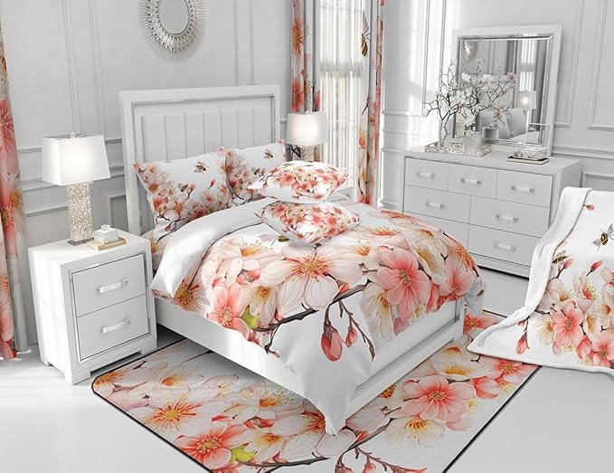 Feelyou Peach Blossom Shower Curtain Boys Girls Flower Floral Fabric Shower Curtain for Kids Honey Bathroom Waterproof Accessories with 12 Hooks Pink Curtains,72x78 Inches